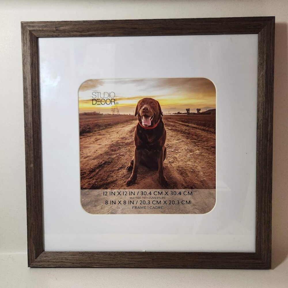 NEW SQUARE Picture Frame 12"x12" Matted to 8"x 8" Studio Decor Walnut Wood Frame